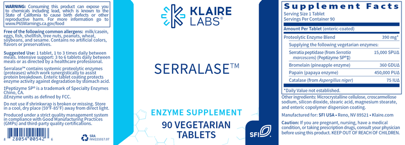 Serralase (Klaire Labs) 90ct Label