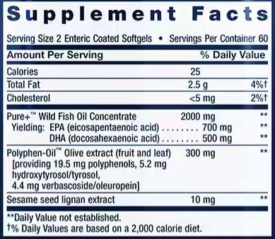 Super Omega-3 EPA/DHA Fish Oil, Sesame Lignans & Olive Extract enteric-coated softgels (Life Extension)