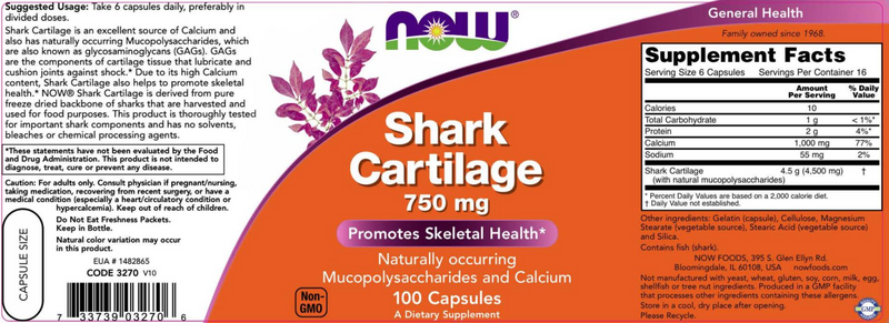 Shark Cartilage 750 mg (NOW) Label