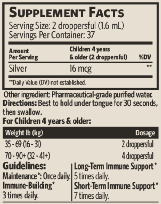 kids daily+ immune support sovereign silver supplement facts