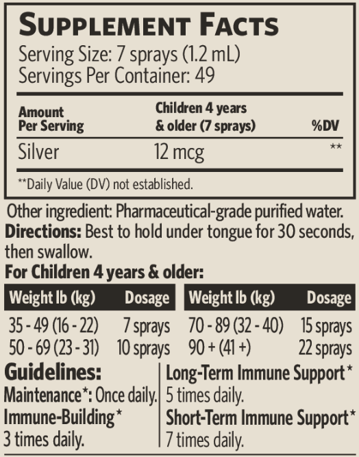 kids daily+ immune support sovereign silver supplement facts
