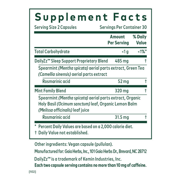 somni-mint rosmarinic complex gaia herbs supplement facts