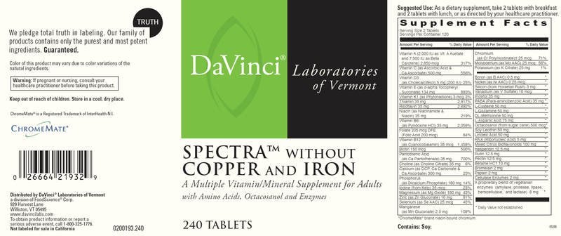 Spectra Without Copper And Iron 240 Tablets DaVinci Labs label