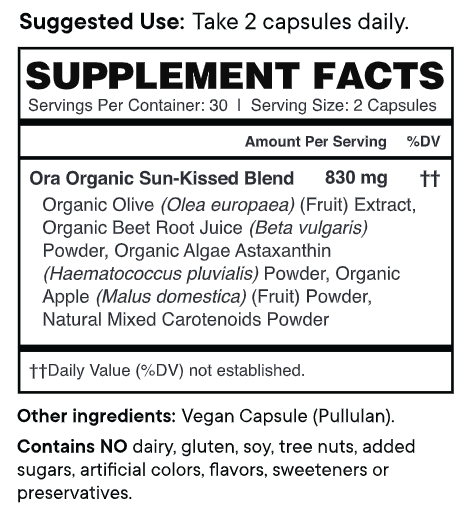 Sun Kissed: Sun-damaged Skin Support Capsules (Ora Organic) supplement facts