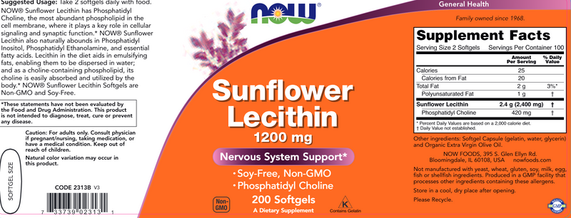 Sunflower Lecithin 1200 mg (NOW) Label