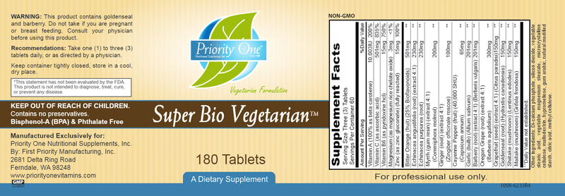 Super Bio Vegetarian (Priority One Vitamins) 180ct label