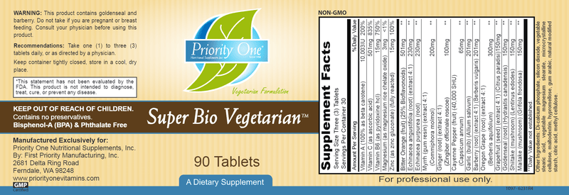 Super Bio Vegetarian (Priority One Vitamins) 90ct label