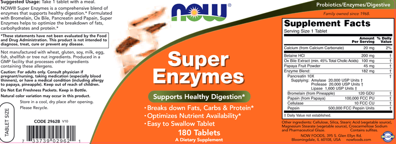 Super Enzymes - 180 Tablets (NOW) Label