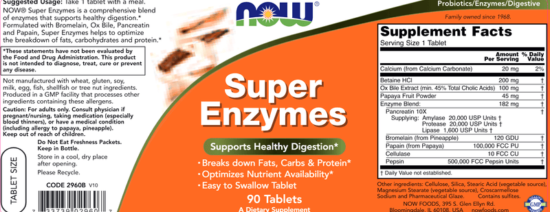 Super Enzymes - 90 Tablets (NOW) Label