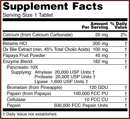 super enzymes tablets (now foods) supplement facts