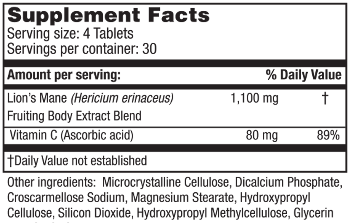 Super Lion's Mane Supplement Facts Label