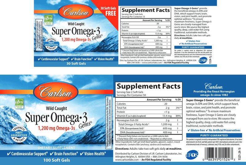 Super Omega-3 Gems 1200 mg (Carlson Labs) 130ct label