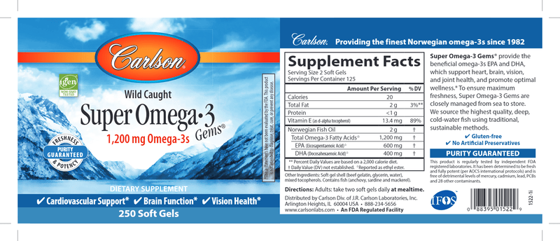 Super Omega-3 Gems 1200 mg (Carlson Labs) 250ct label