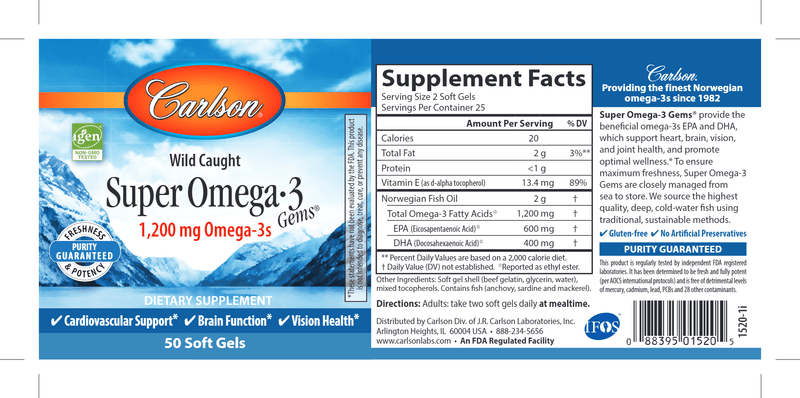 Super Omega-3 Gems 1200 mg (Carlson Labs) 50ct label