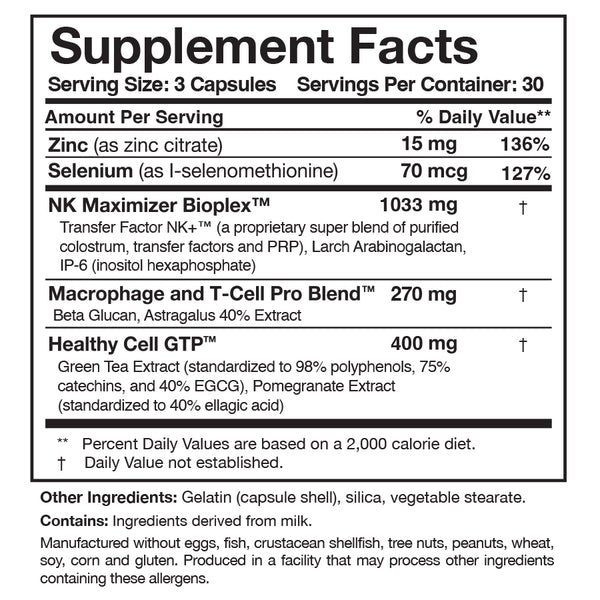 Transfer Factor Multi-Immune (Mushroom-Free) Supplement Facts Label
