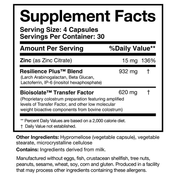 Transfer Factor Rapid Response Supplement Facts Label