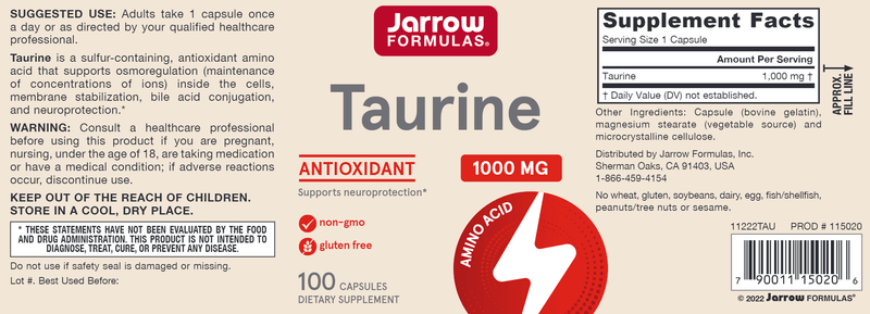 Taurine 1000 mg Jarrow Formulas label