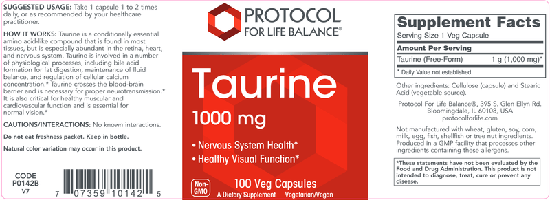 Taurine Extra Strength 1000 mg (Protocol for Life Balance) Label