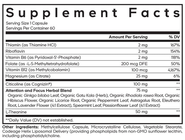 Teen Brain Focus Vitamins+ Supplement Facts Label