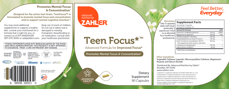 Teen Focus (Advanced Nutrition by Zahler) Label
