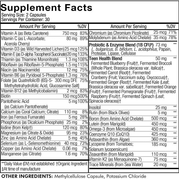 Teens Fermented Multivitamin Supplement Facts Label