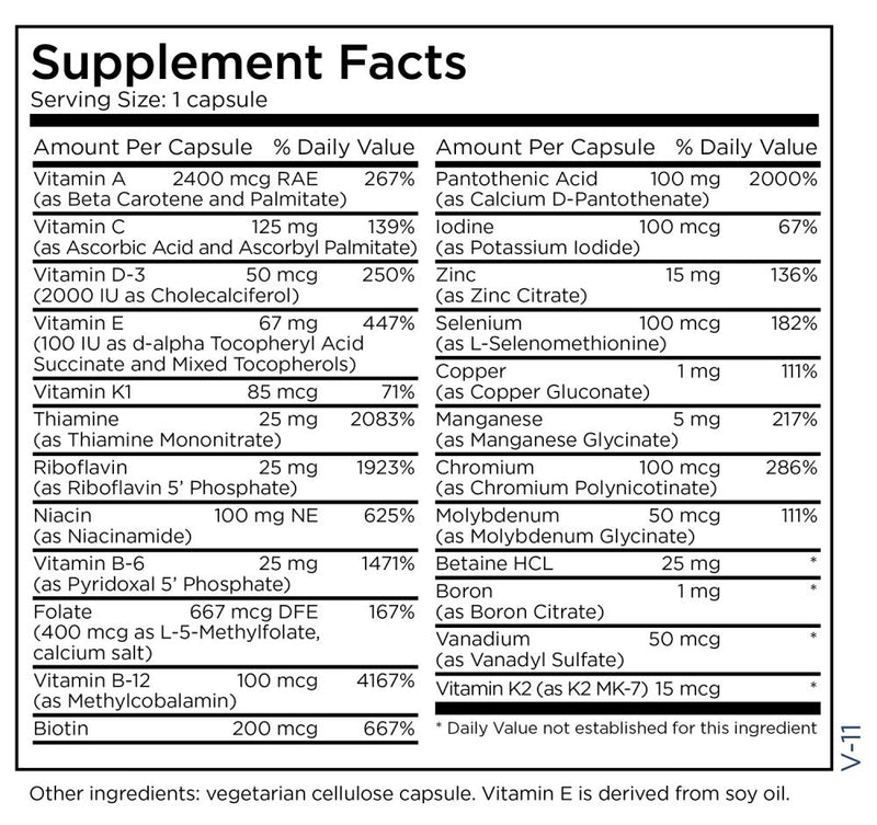 The BIG ONE Plus without Iron (Metabolic Maintenance) supplement facts