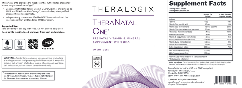 TheraNatal One Prenatal Vitamins (Theralogix) Label