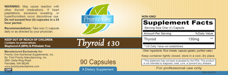 Thyroid 130 mg (Priority One Vitamins) label