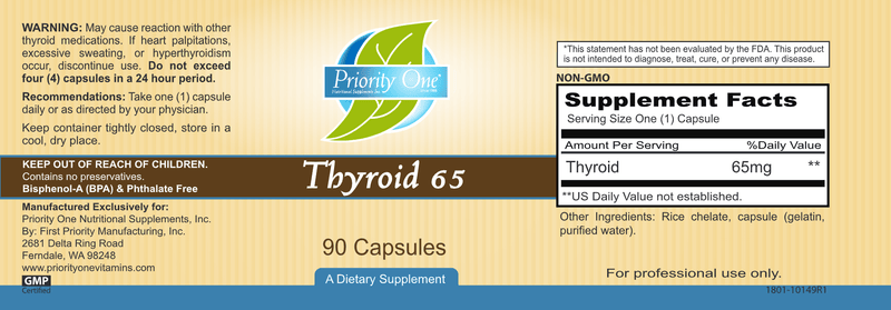 Thyroid 65mg (Priority One Vitamins) label