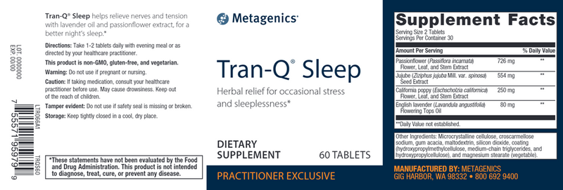 Tran-Q Sleep (Metagenics) Label