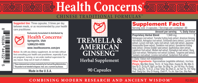Tremella & American Ginseng (Health Concerns) 90ct Label