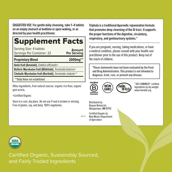Triphala, Organic 180 Tablet (Banyan Botanicals) Supplement Facts