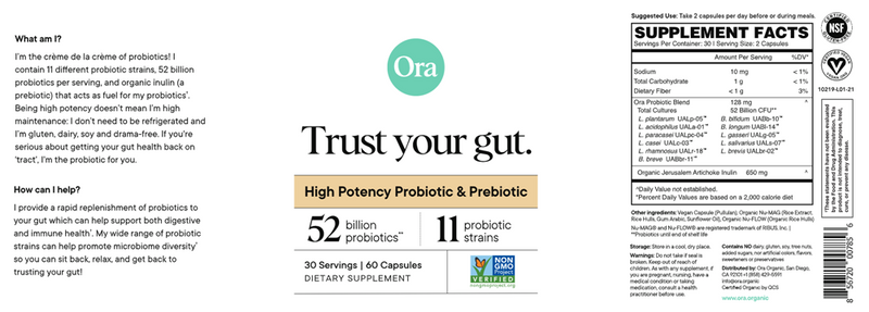 Trust Your Gut High Potency Probiotic (Ora Organic) Label