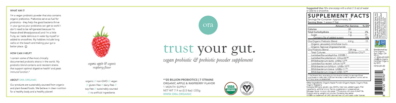 Trust Your Gut Probiotic Powder Apple Raspberry (Ora Organic) Label