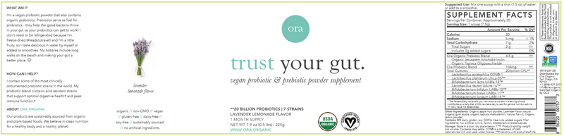 Trust Your Gut Probiotic Powder Lavender Lemonade (Ora Organic) label