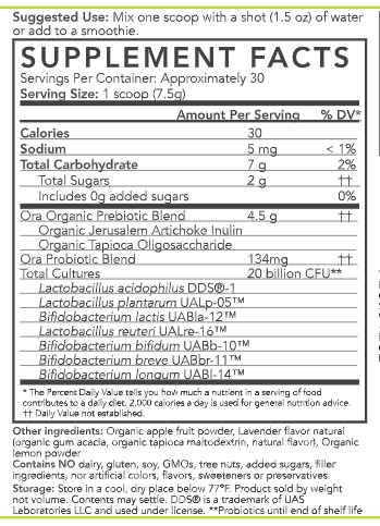 Trust Your Gut Probiotic Powder Lavender Lemonade (Ora Organic) supplement facts