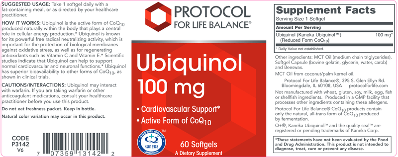 Ubiquinol 100 mg (Protocol for Life Balance) Label