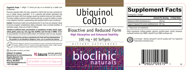 Ubiquinol CoQ10 100 mg (Bioclinic Naturals) Label