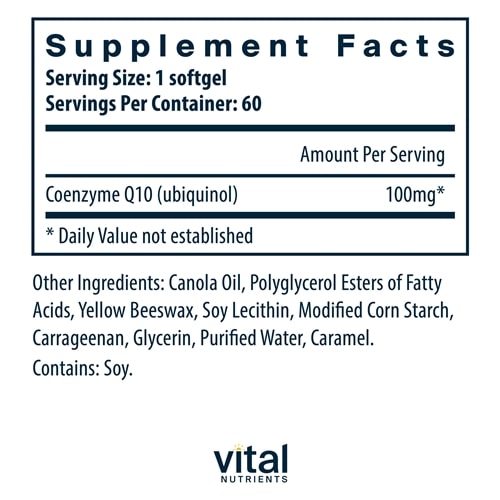 ubiquinol coq10 100 mg vital nutrients supplement facts