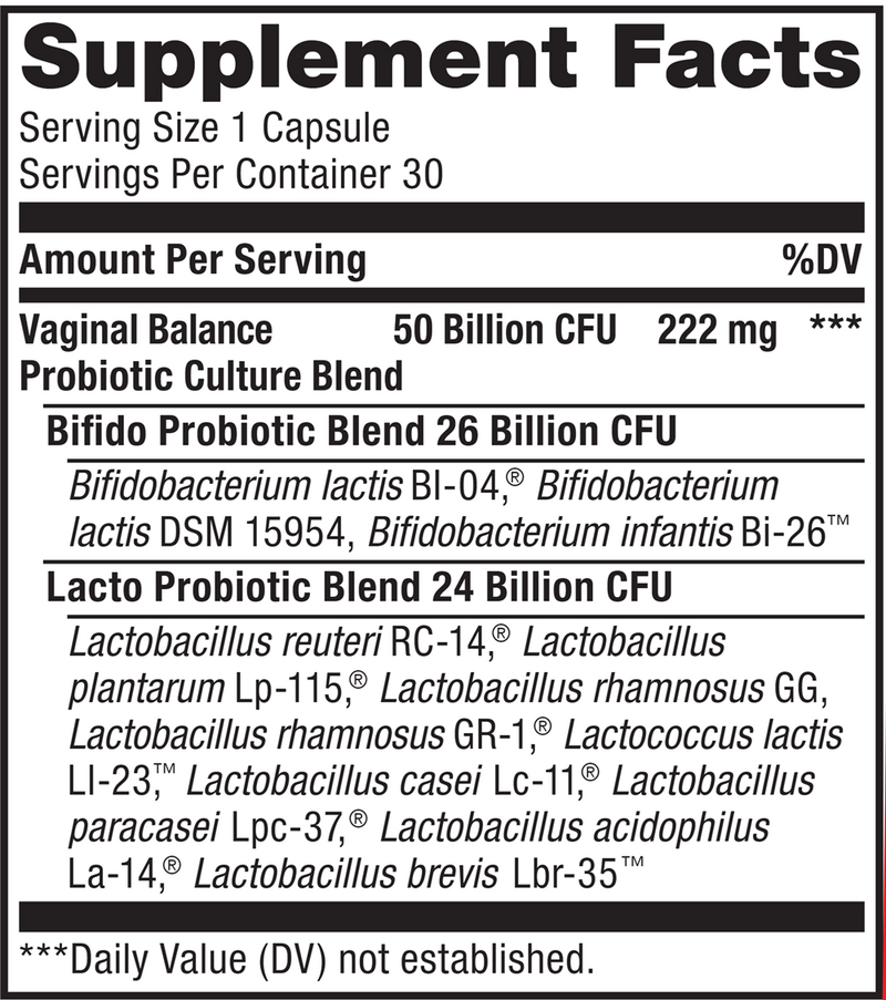 Ult FloraMax Vag Balance 50 Bill (Advanced Naturals) Supplement Facts