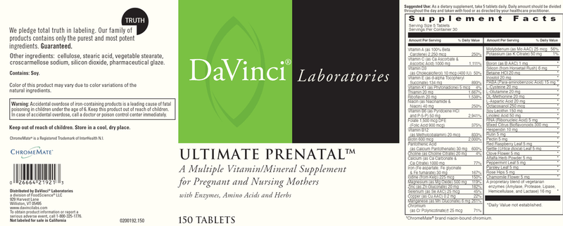 Ultimate Prenatal (DaVinci Labs) label