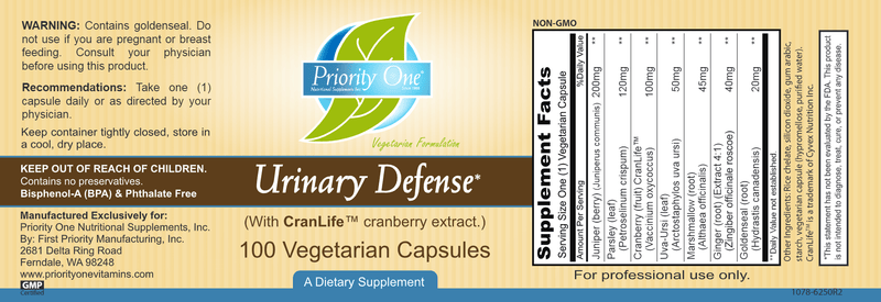 Urinary Defense (Priority One Vitamins) label