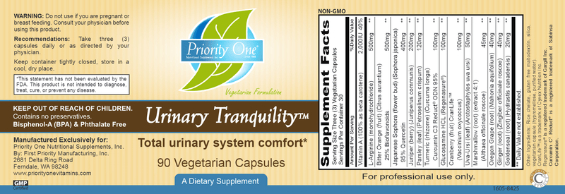 Urinary Tranquility (Priority One Vitamins) label