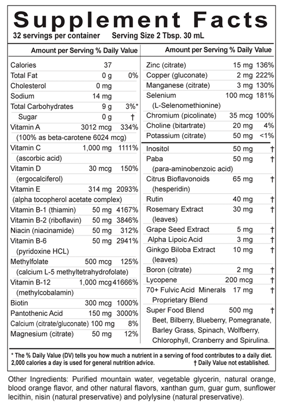 VM 100 Complete Supplement Facts Label