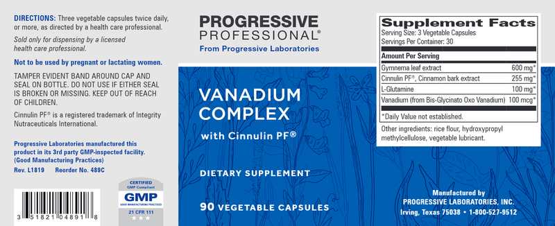Vanadium Complex w/ Cinnulin (Progressive Labs) Label