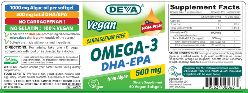 vegan omega 3 dha-epa 500 mg deva nutrition label