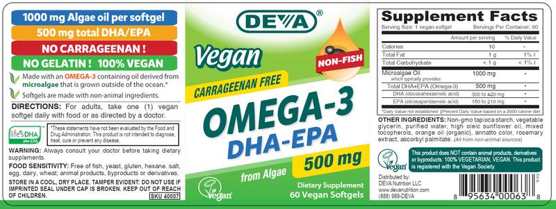 Vegan DHA-EPA 500 mg (Deva Nutrition LLC) Label