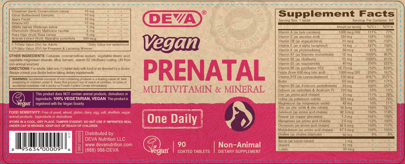 Vegan Prenatal Multivitamin (Deva Nutrition LLC) Label