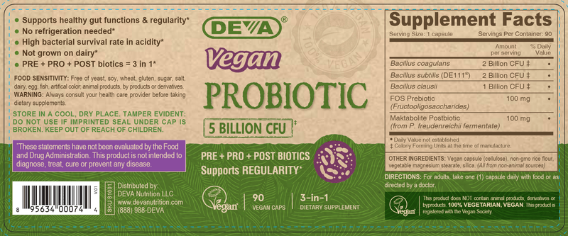 Vegan Probiotic with Prebiotics and Postbiotics (Deva Nutrition LLC) Label