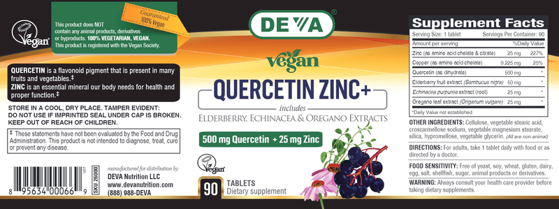 Vegan Quercetin Zinc+ (Deva Nutrition LLC) Label